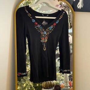 Chaudry 100%Cotton Ribbed Black Long sleeve Shirt with Beaded Embroidery